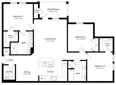 Three Bedroom Floor Plan | 1,290 Sq. Ft. at The Sedona Luxury Apartments in Tampa FL
